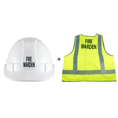 Fire Warden White Hard Hat & Yellow Hi-Vis Vest Combo Pack